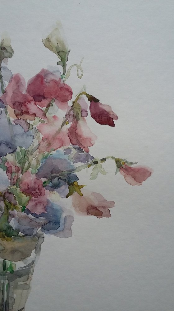 Bouquet of sweet peas in vase. Original watercolour painting.