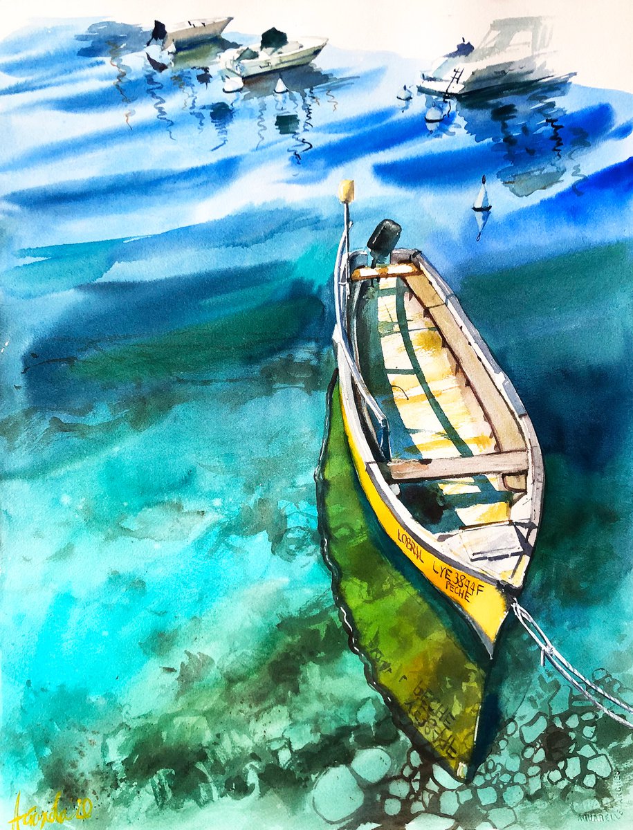 Impressionistic Landscape Watercolour By Ksenia Astakhova, 20 X 26", Yellow From Yvoire, Original Artwork