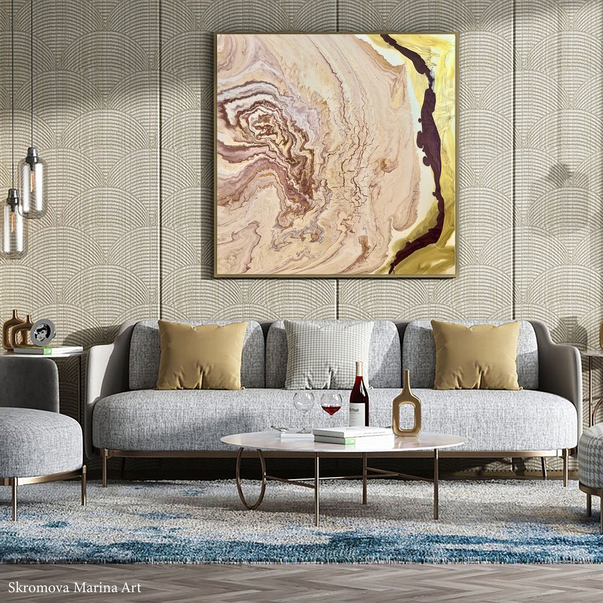 Gold abstract cosmos painting. Large square Space painting. by Marina Skromova