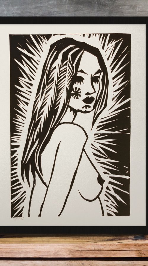 Standing Nude Expressionist Lino Cut Hand Pulled Print by Andrew Orton
