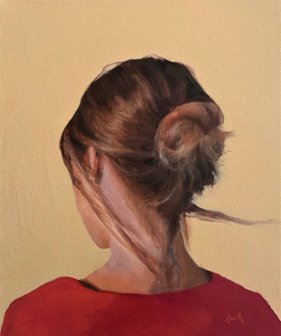 Original head portrait of a young woman, oil painting on canvas.