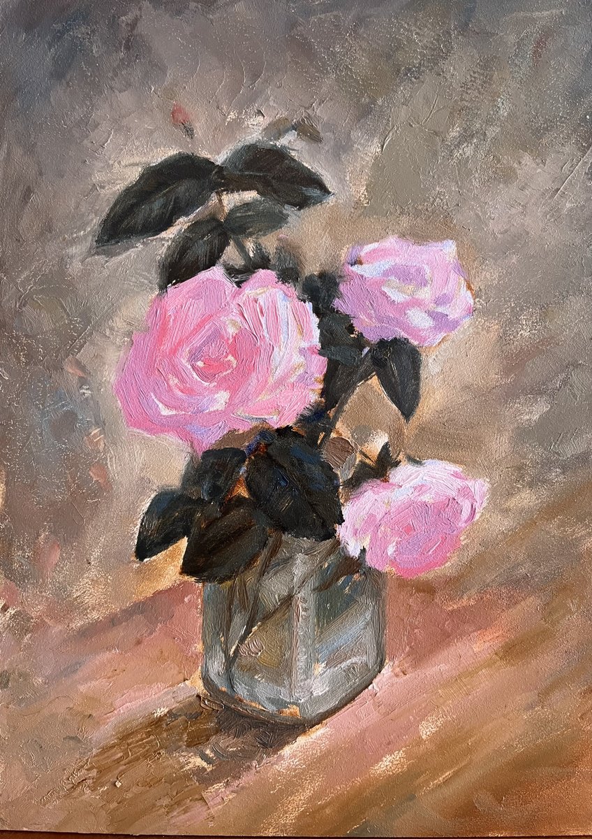 Pink roses original painting by Roman Sergienko