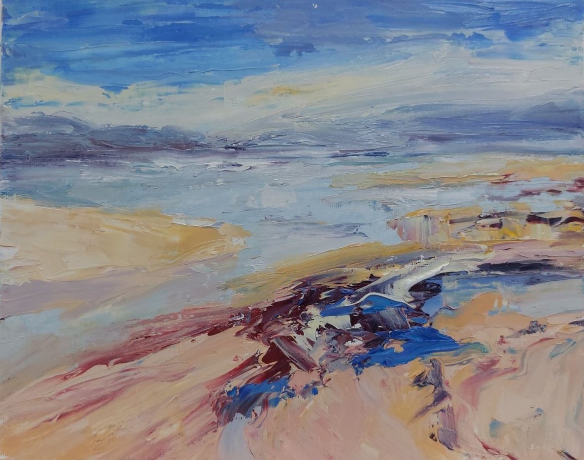 Expressive Landscape Oil Painting By Philippa Headley, 14 X 12", Heat On The Shoreline, Original Artwork