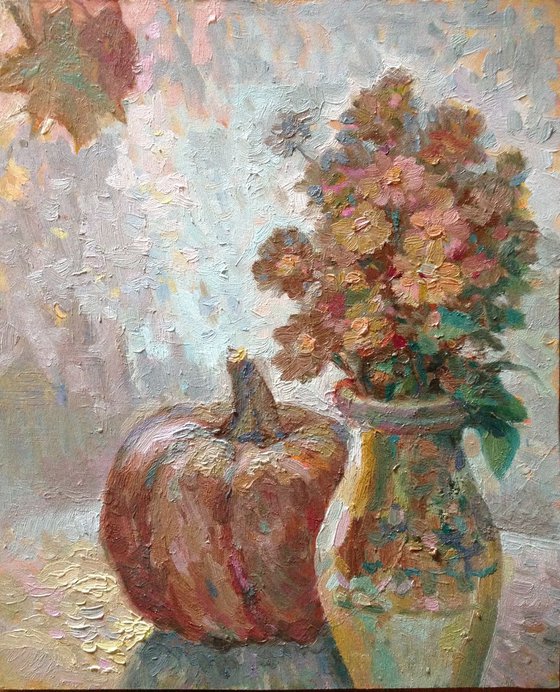 Pumpkin and Flowers/Still life painting