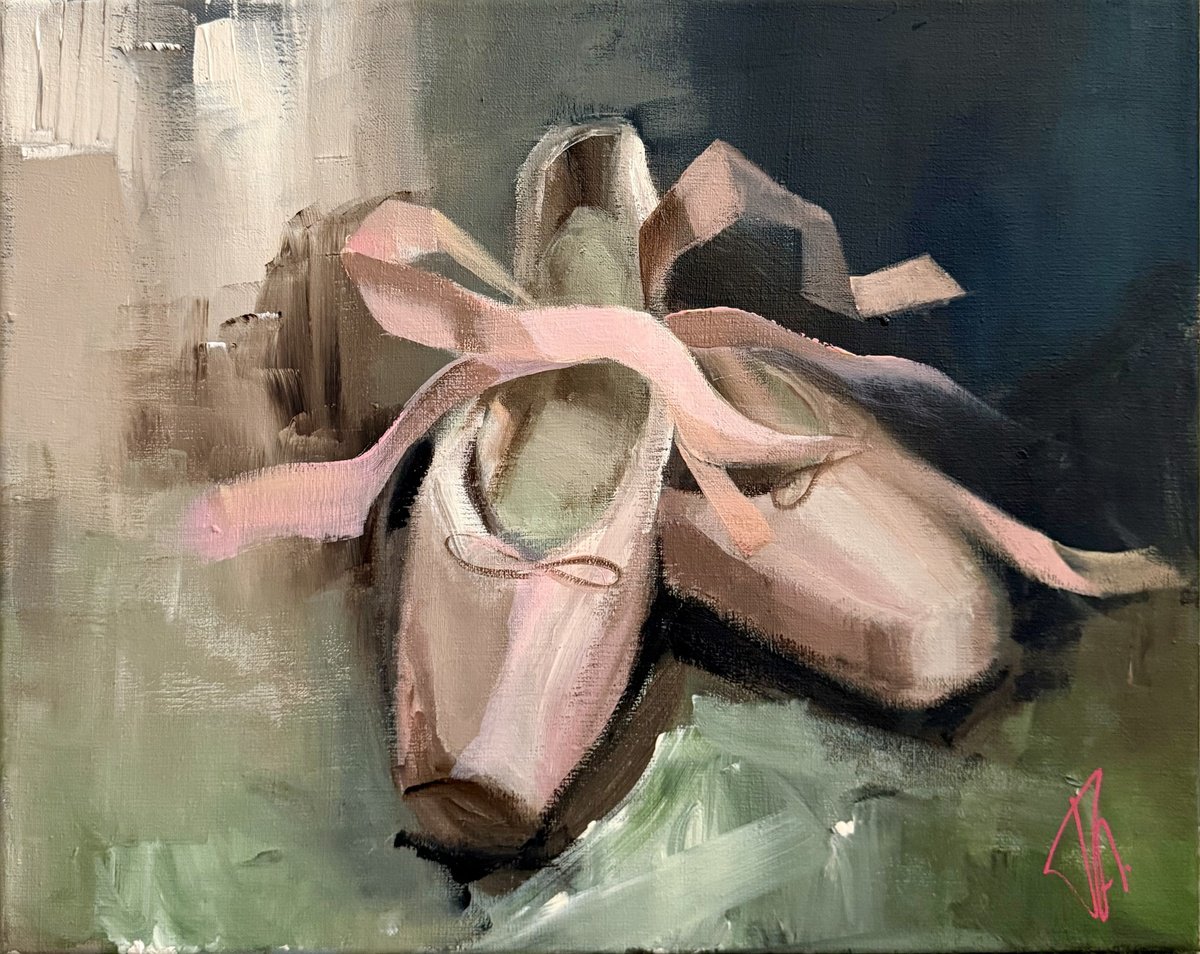 Expressive Still Life Oil Painting By Tamara Andjus, 20 X 16", Ballet Shoes, Original Artwork