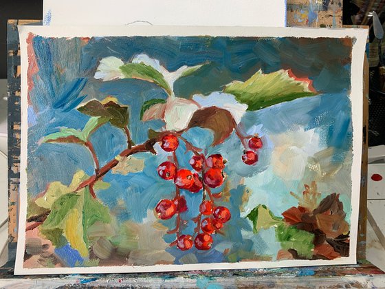 Landscape with red currant berries.