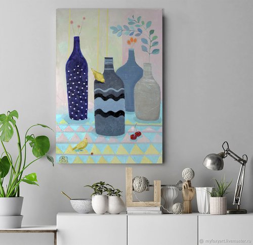 Still life with blue bottles and yellow birds by Alexandra Sergeeva