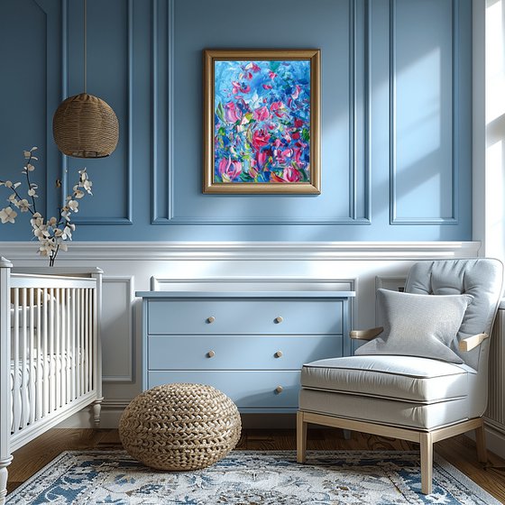 Blue Pink Floral Painting