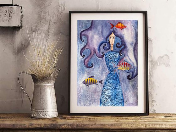 Woman Painting Fish Original Art Figurative Watercolor Artwork 12 by 17" by Halyna Kirichenko