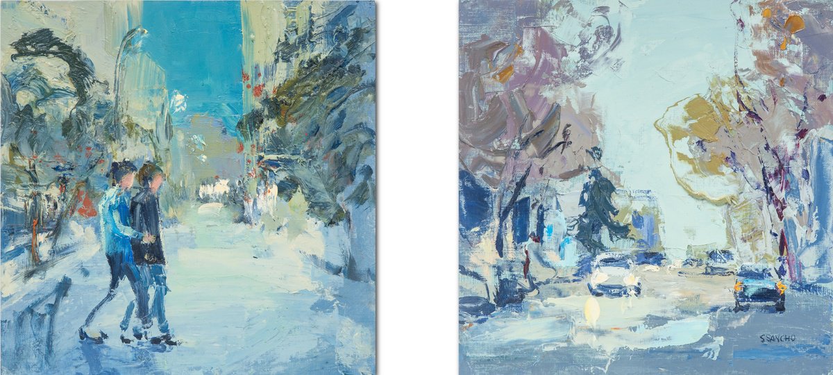 Expressive Cityscapes Oil Painting By Susana Sancho Beltran, 22 X 10", Diptych (Urban Landscape), Original Artwork