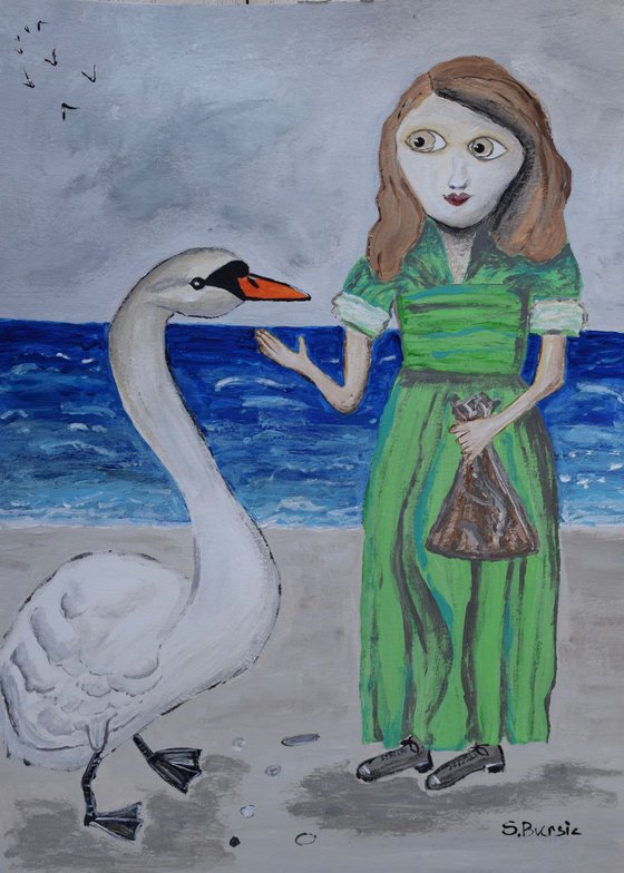 Young lady at beach with white swan