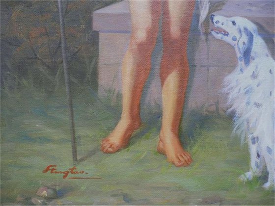 Oil painting male nude and dogs on linen #1724