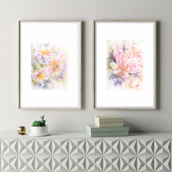 Watercolor floral painting, diptych "June peonies"