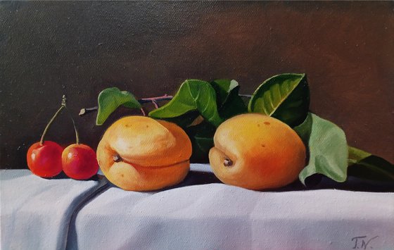 Still life with apricot (20x30cm, oil painting, ready to hang)