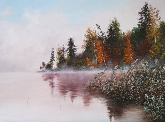Autumn Foggy Lake with Trees