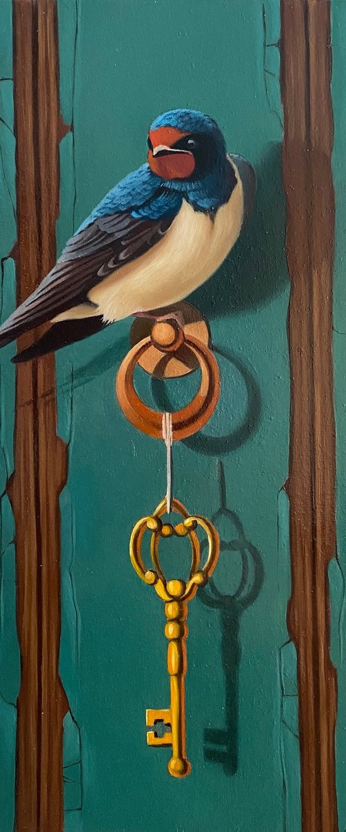 Still life with bird and key (24x35cm, oil painting, ready to hang) by Ara Gasparian
