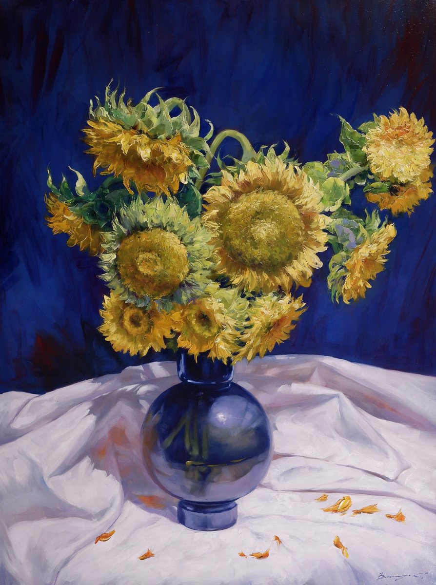 Impressionistic Botanical Oil Painting By Gennady Vylusk, 24 X 31, Bouquet Of Sunflowers, Original Artwork