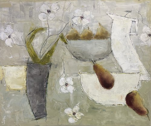 Six Merry Flowers, Two Bowls, a Vase, a Jug, a Cup, Three Figs & Two Pears Return from a Picnic! by Judith Fisher