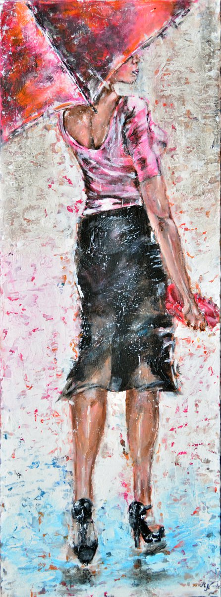 Expressive Portrait Acrylic Painting By Misty Lady - M. Nierobisz, 12 X 31", Walking On The Rain, Original Artwork
