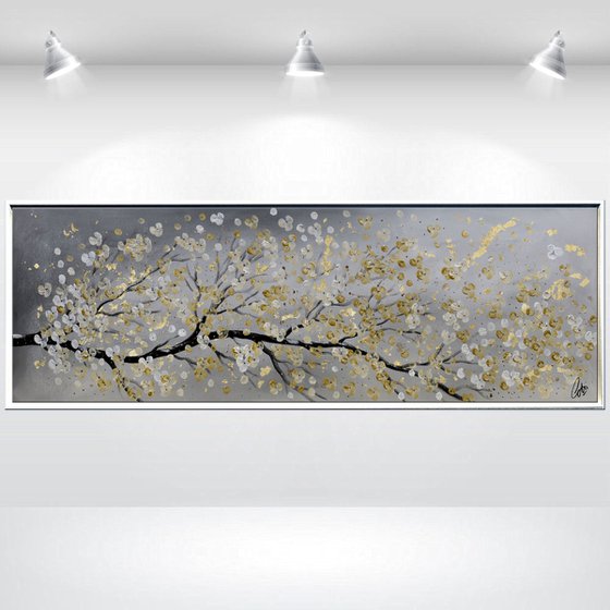 Golden Day -  acrylic abstract painting cherry blossoms nature painting framed canvas wall art