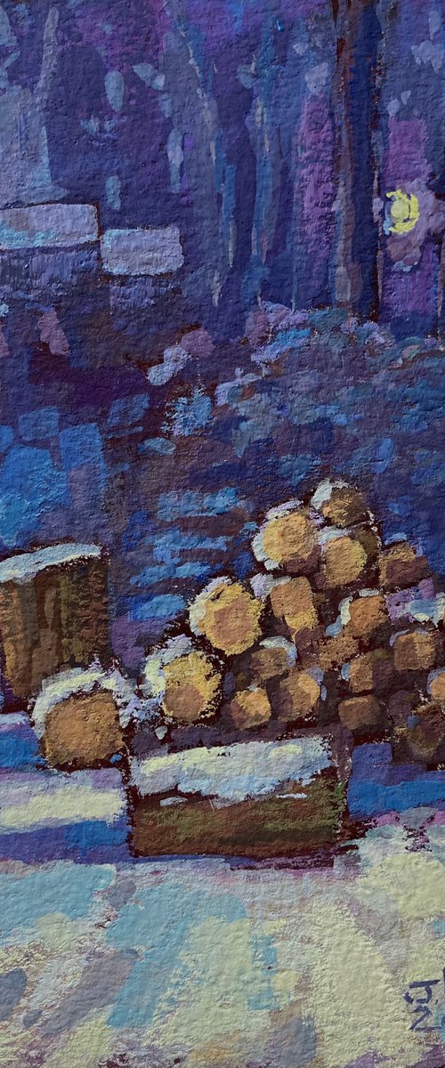 Moonlit Woodpile in Snow by Jimmy Leslie