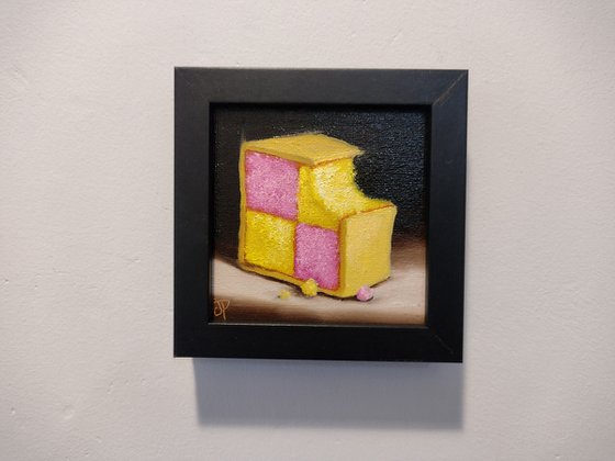 Little Battenberg cake slice still life