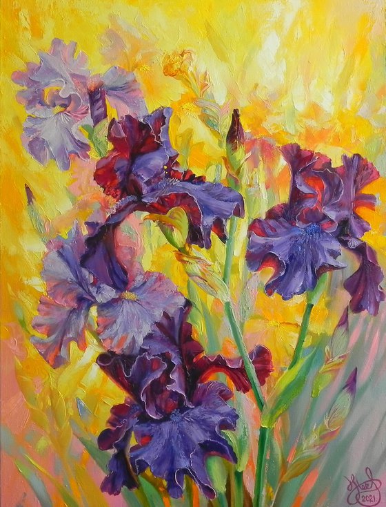 "Blooming irises" Flowers oil painting original, impressionism art (2021)