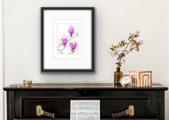 Flowers of a magnolia mixed media illustration