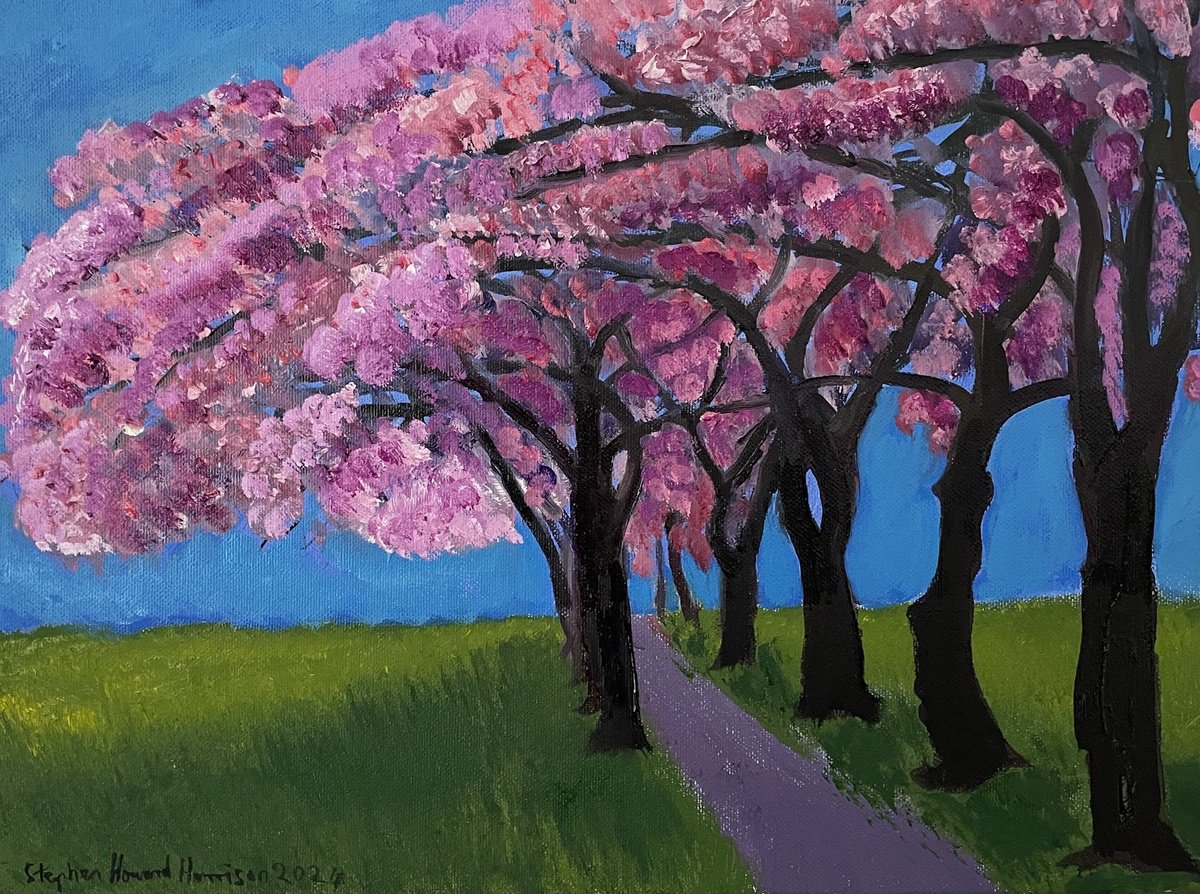 Impressionistic Landscape Oil Painting By Stephen Howard Harrison, 17 X 13", Cherry Trees Edinburgh Meadows, Original Artwork