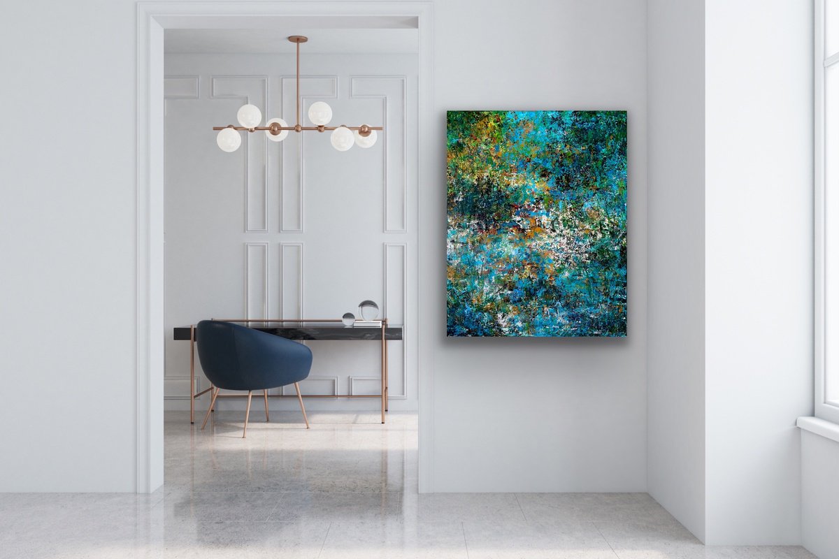 Abstract Landscape Acrylic Painting By Pooja Verma, 31 X 39", Blue Rhapsody, Original Artwork