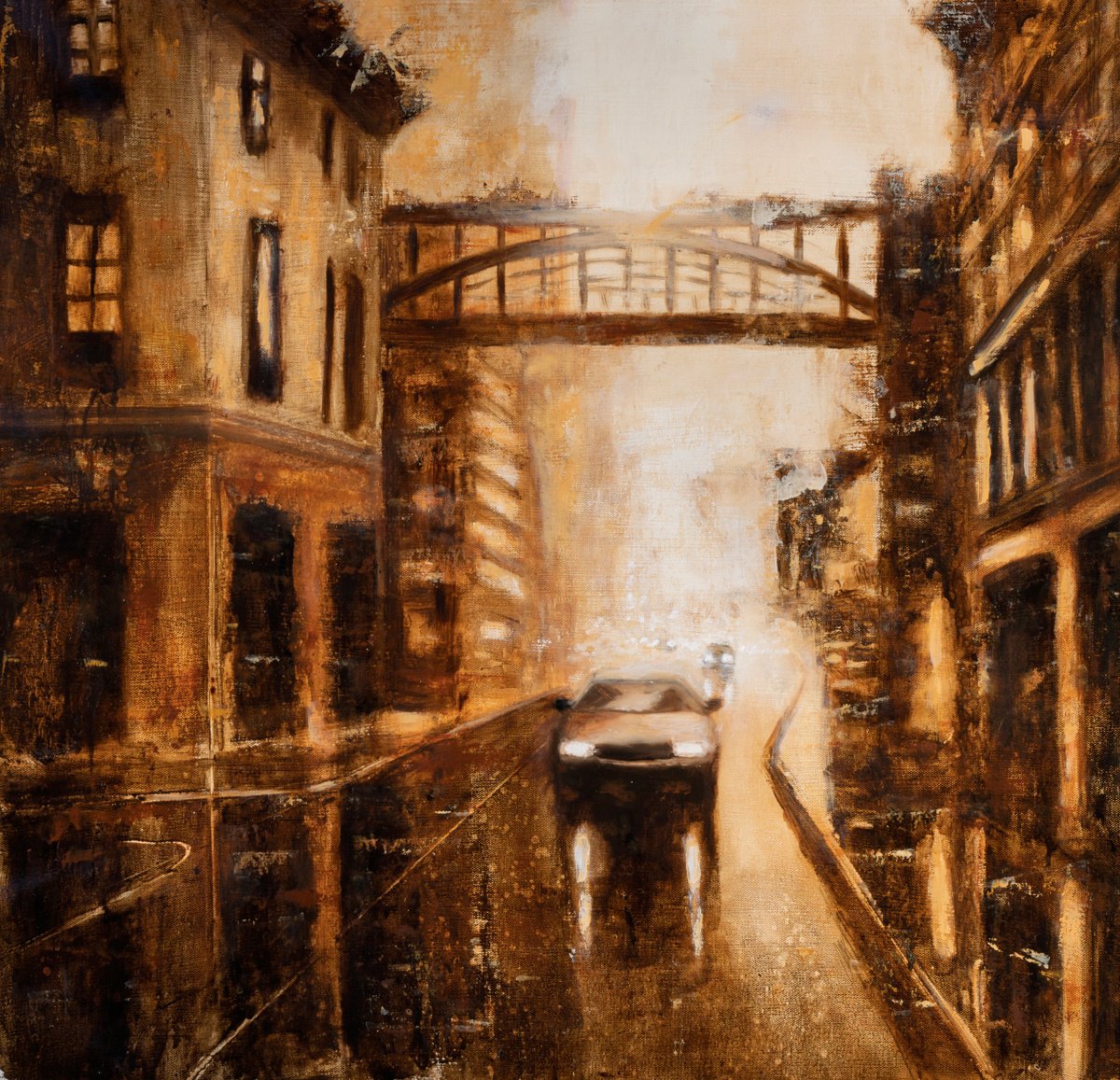 Impressionistic Cityscapes Oil Painting By Angela Suto, 27 X 27, Liminal Dusk, Original Artwork