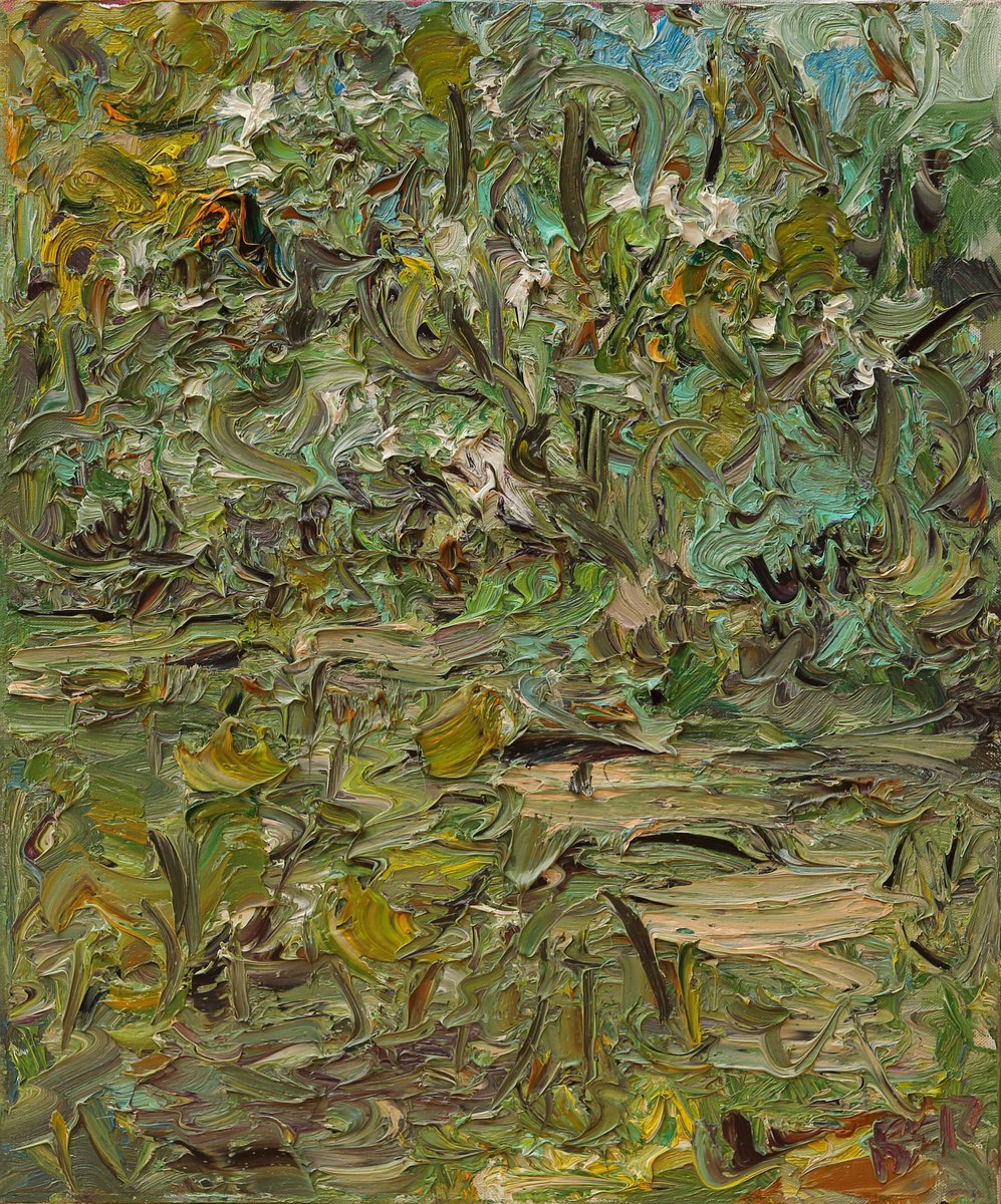 POND, FLOWERING JASMINE - original abstract landscape painting, oil on canvas, expressive... by Karakhan