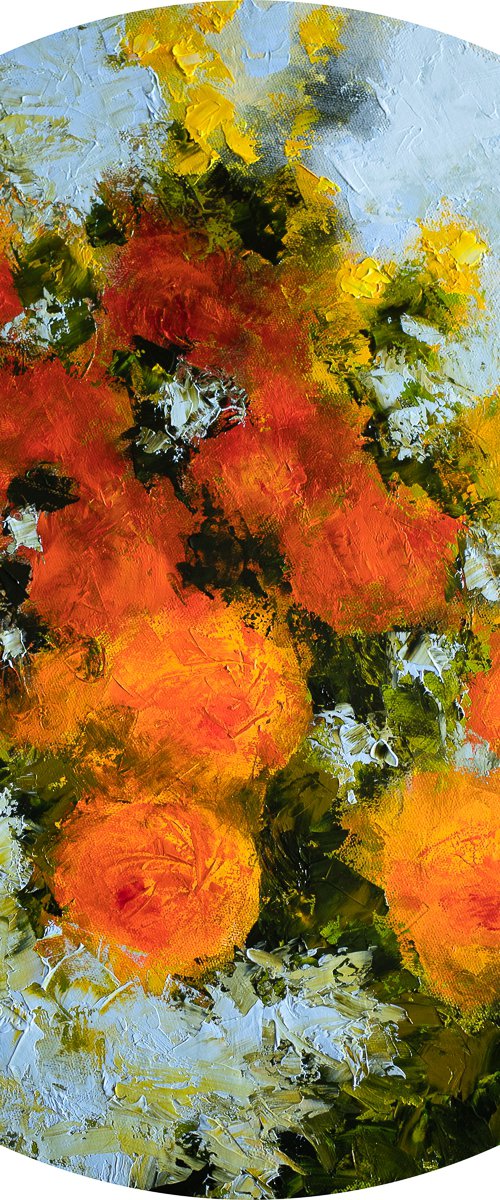 Floral with orange roses - Circular Original oil painting knife palette - One of a kind artwork - floral - flower - decorative original - home interior design by Fabienne Monestier