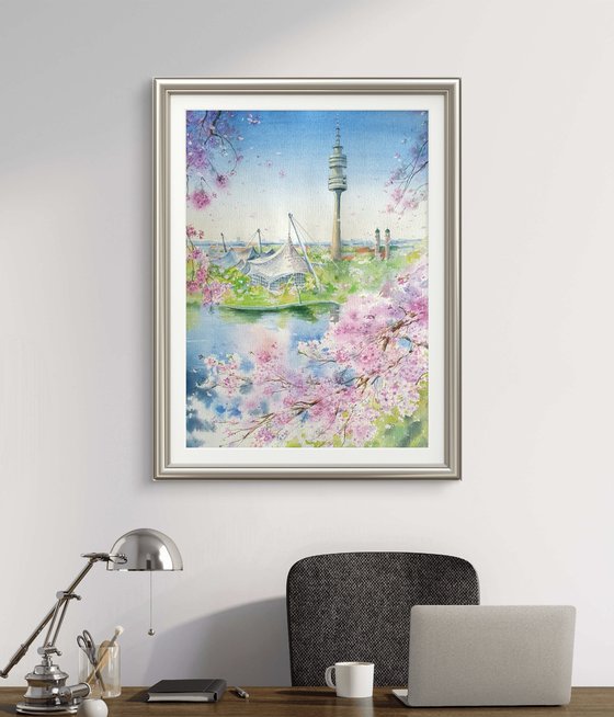 Spring cherry blooming in Munich Olympiapark