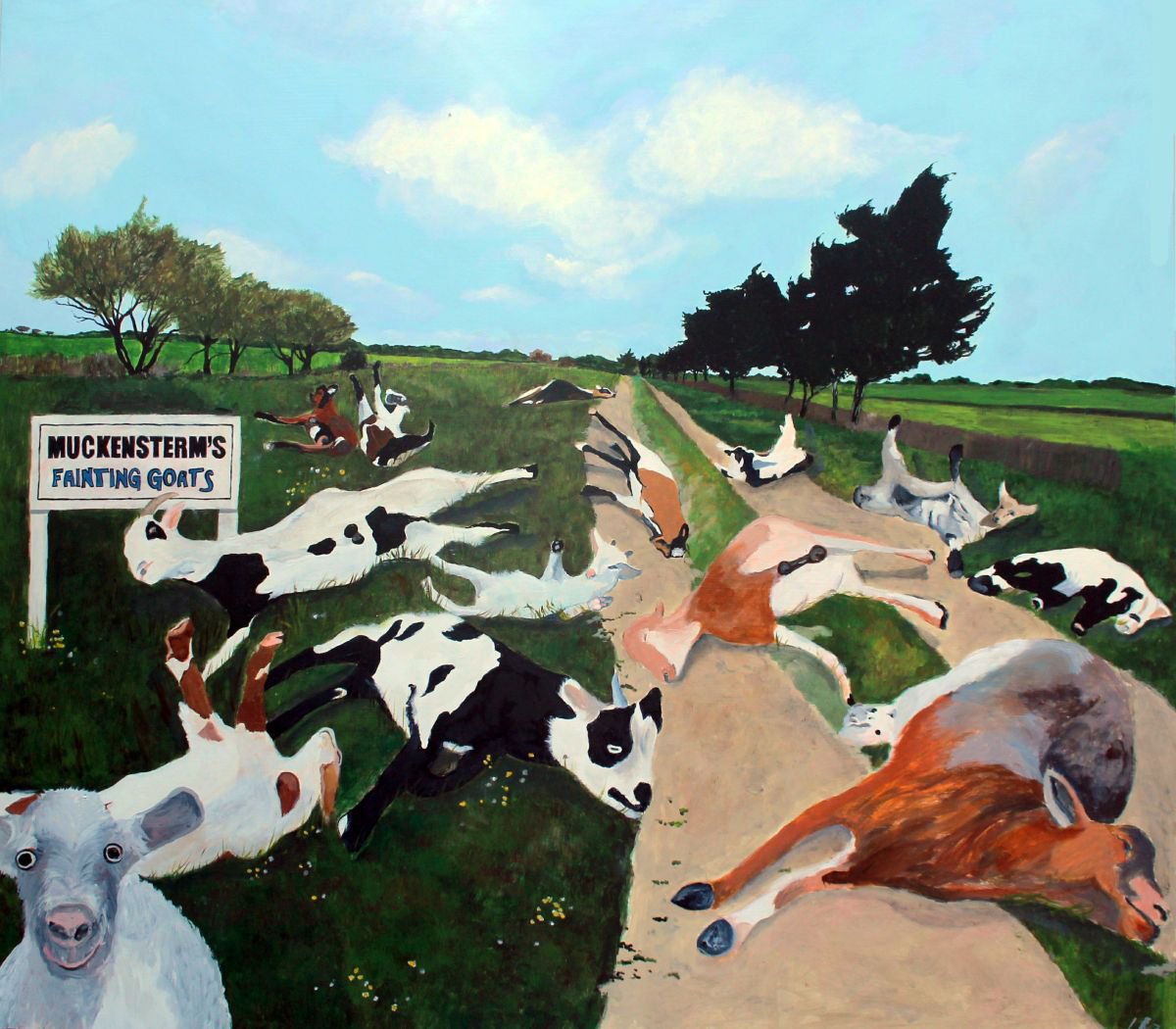 Photorealistic Animal Acrylic Painting By Ken Vrana, 48 X 42", Muckensterns Fainting Goats, Original Artwork