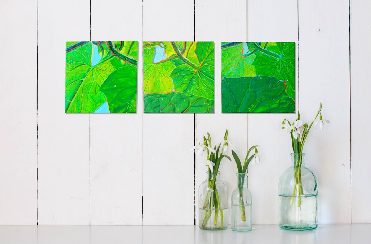 Botanical Acrylic Painting By Amani Muhammad, 5 X 5, Cucumber Leafs Triptych, Original Artwork
