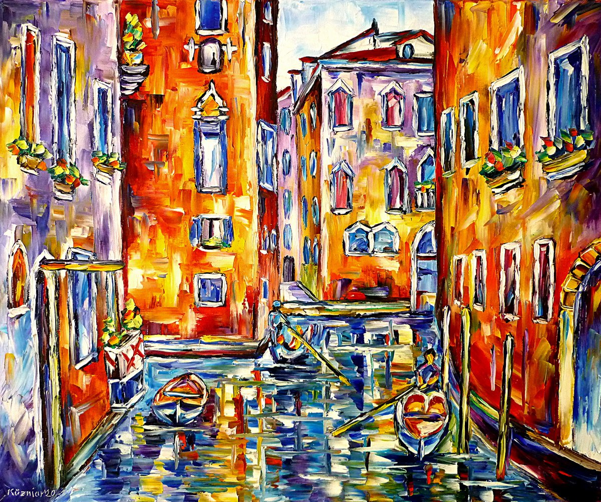 Expressive Cityscapes Oil Painting By Mirek Kuzniar, 24 X 20", The City In The Water, Original Artwork