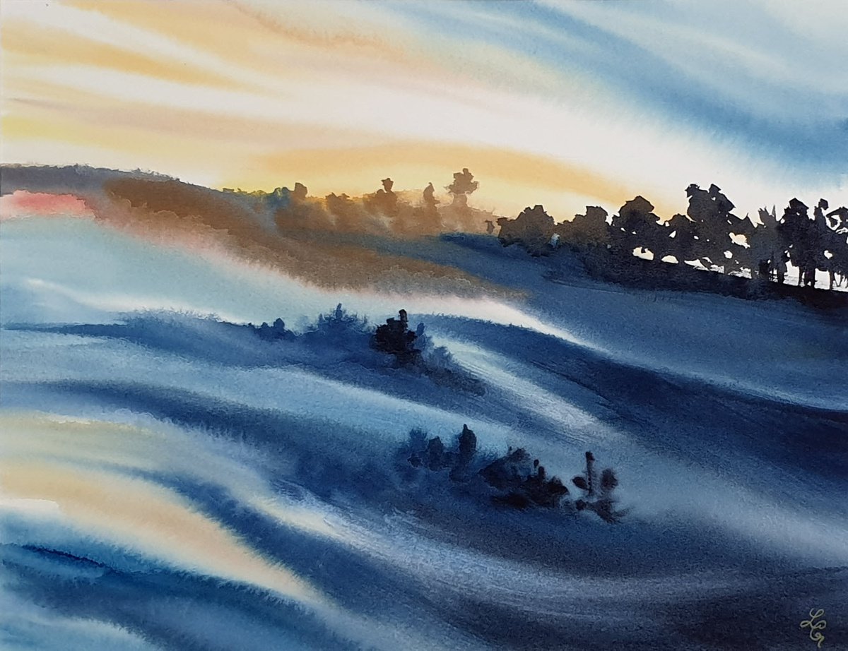 Impressionistic Landscape Watercolour By Elena Genkin, 14 X 11, Lullaby Of The Fairy Tale Waves. Yellow Waves., Artfinder