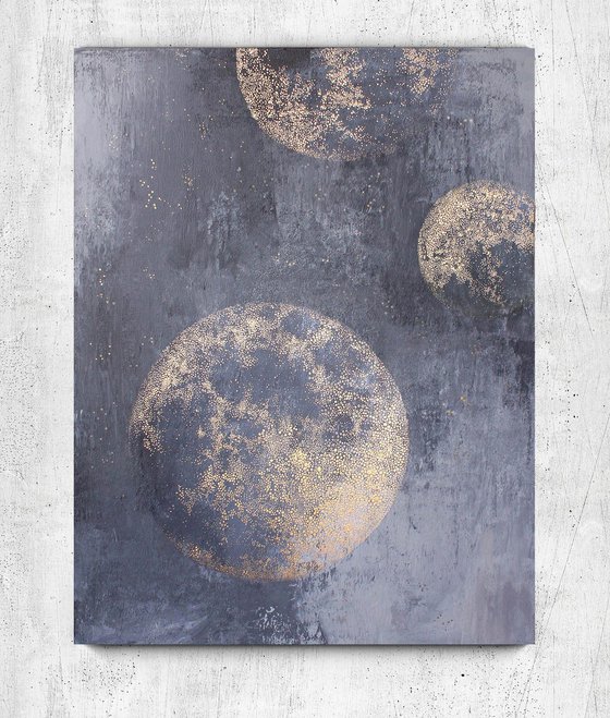 "Golden Planets" Abstract space acrylic art