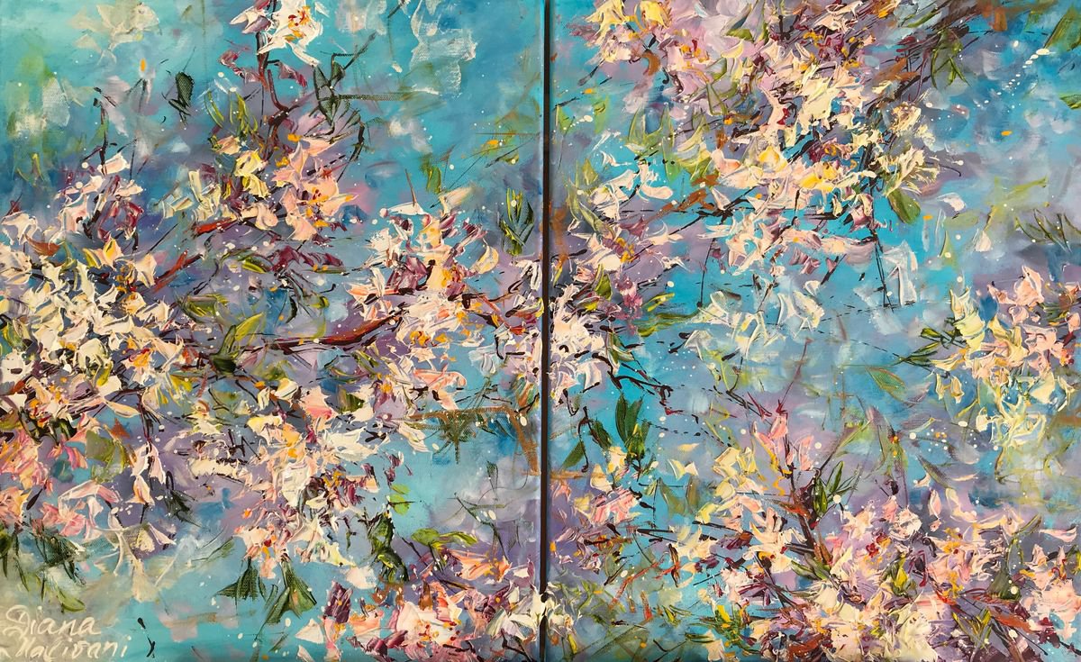 Impressionistic Botanical Oil Painting By Diana Malivani, 31 X 20, Blooming Almond Tree. Diptych, Original Artwork