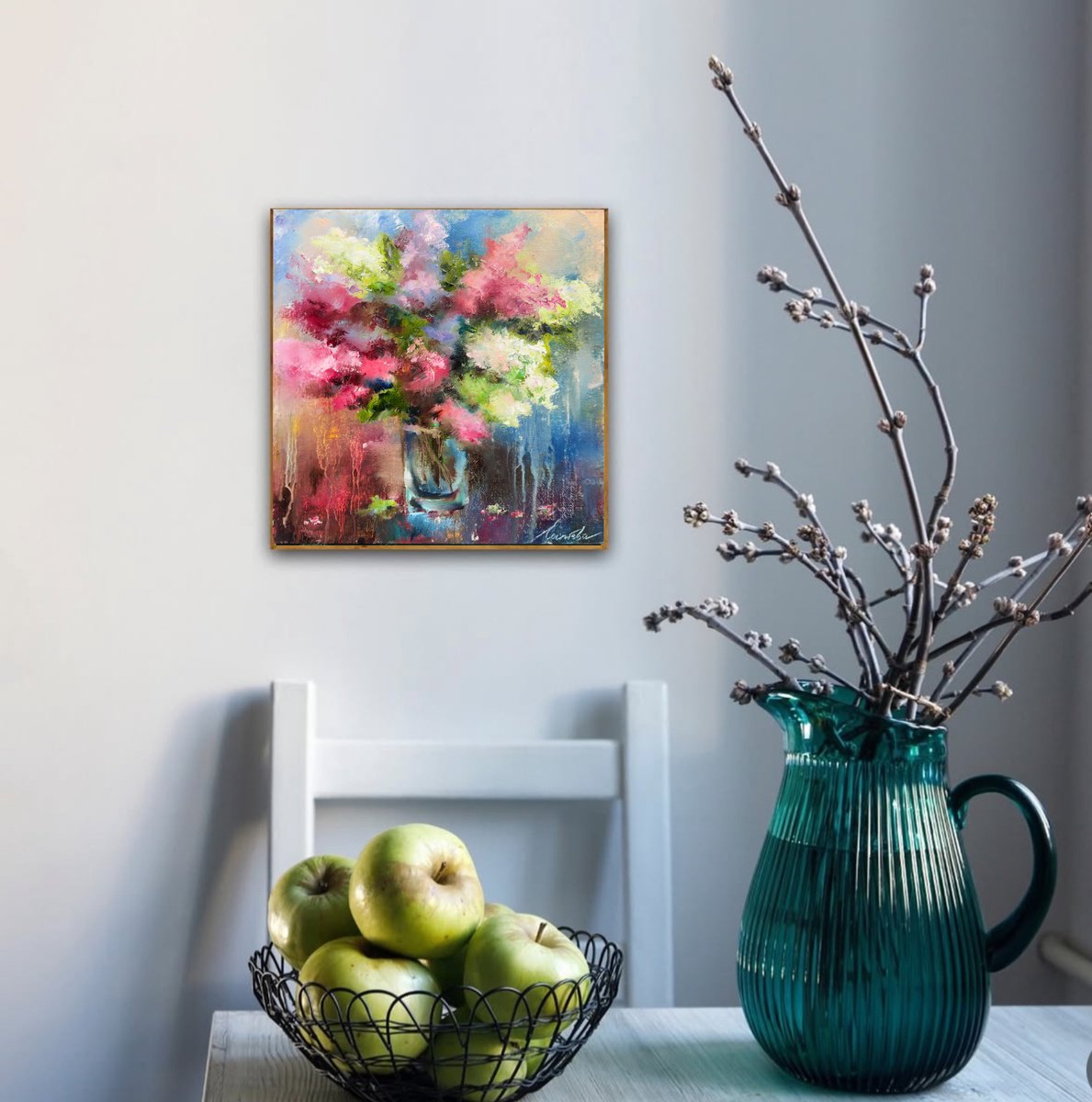 Abstract Botanical Oil Painting By Olha Laptieva, 12 X 12", Lilac Bouquet, Original Artwork