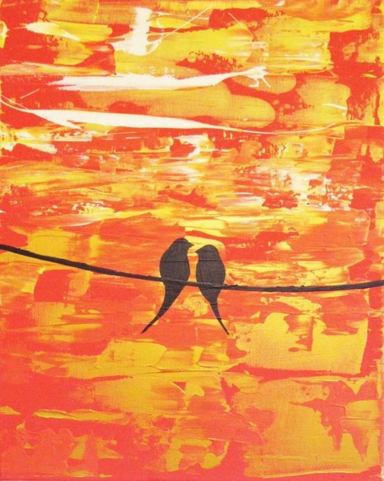 love birds original abstract landscape "Sitting in the sunshine" painting art canvas - 54 x 24 inches romance orange yellow gold