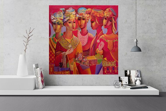 " Five Directions " - 80 x 80cm Original Oil Painting RED dress 5 Women