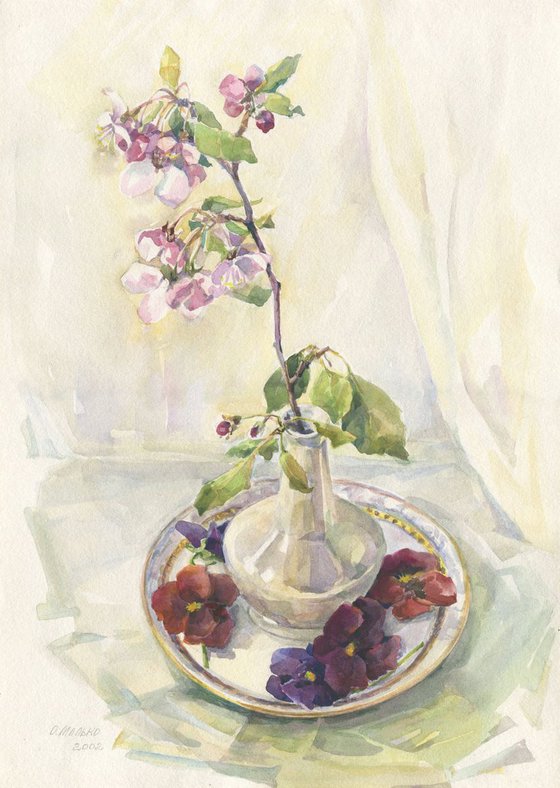 White waltz / Flowering branch in vase Floral still life Delicate watercolor