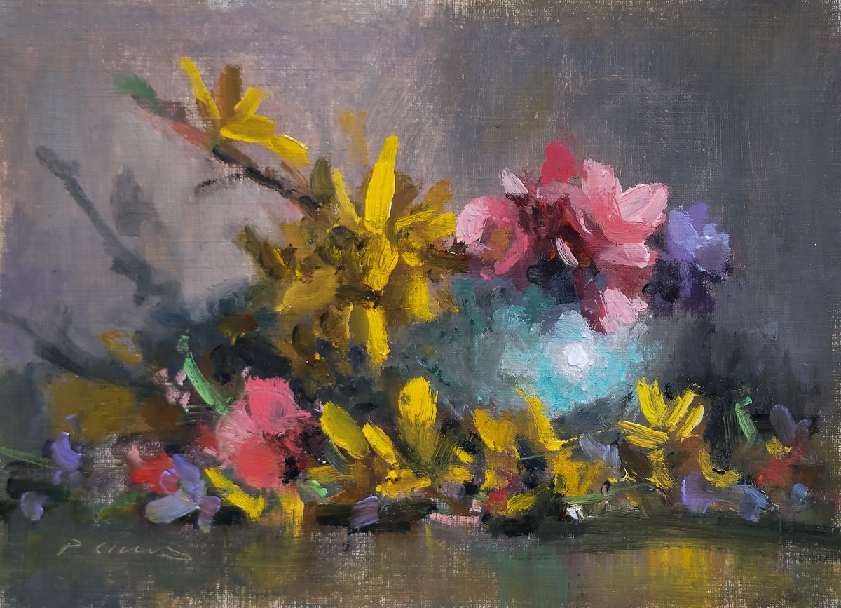 Impressionistic Botanical Oil Painting By Pascal Giroud, 11 X 8", Forsythia And Co, Original Artwork
