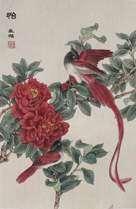 Tranquility, Camellia & Bird Original Brush Painting