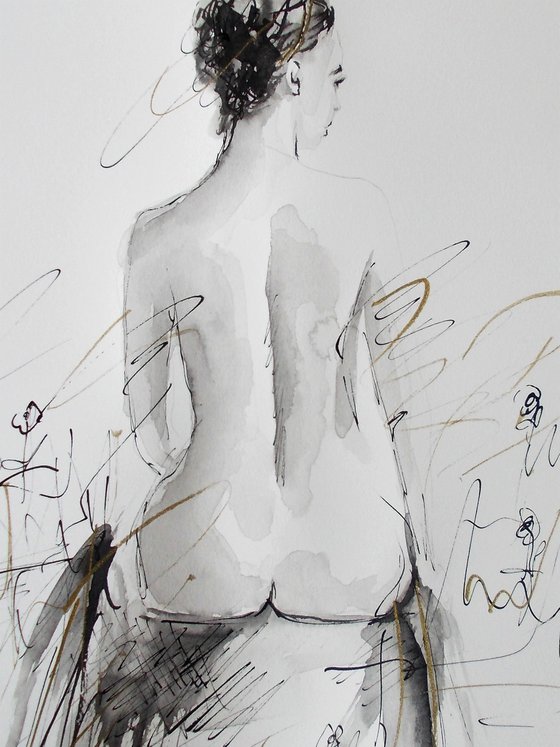 Woman  Nude ink drawing series-Figurative drawing on paper