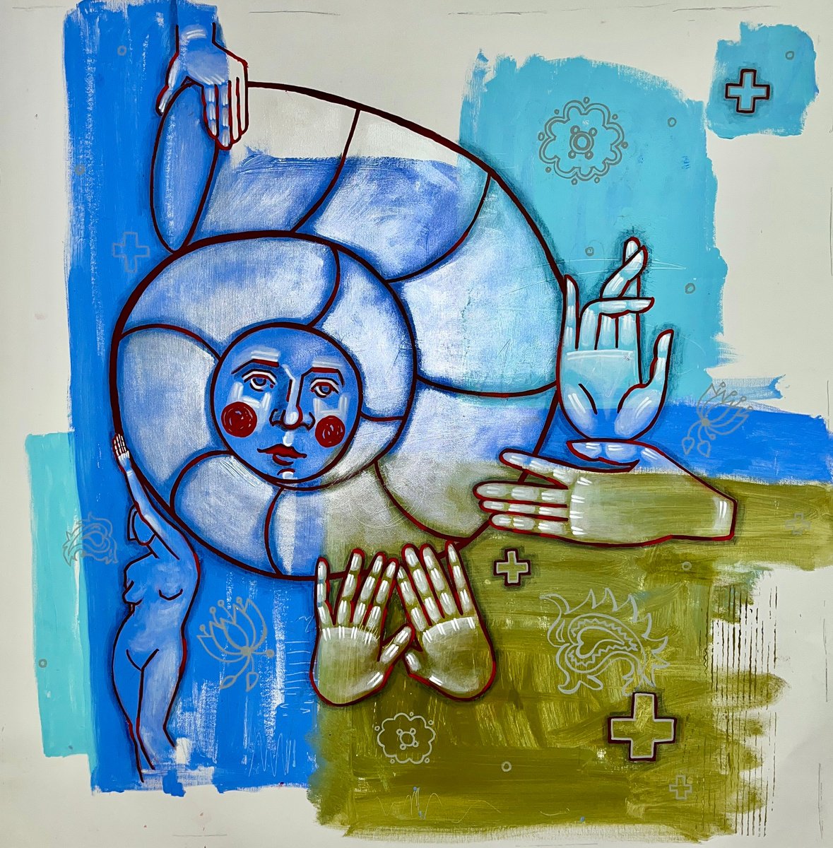 Naive Abstract Acrylic Painting By Yuliia Chaika, 35 X 35", A Treasure From The Sea, Original Artwork