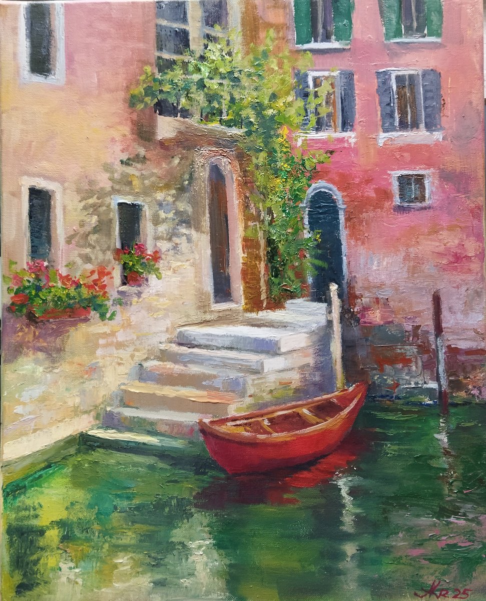 Red Boat In Venice - Italian Landscape By Ann Krasikova, 16 X 20, Artwork For Sale On Artfinder