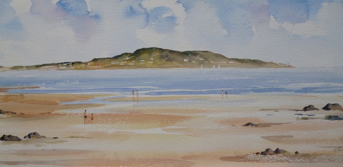 Expressive Landscape Watercolour By Maire Flanagan, 21 X 9", Dollymount Beach With Howth, Original Artwork